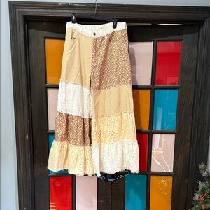 POL Patchwork Wide Leg Pants in Cream and Tan